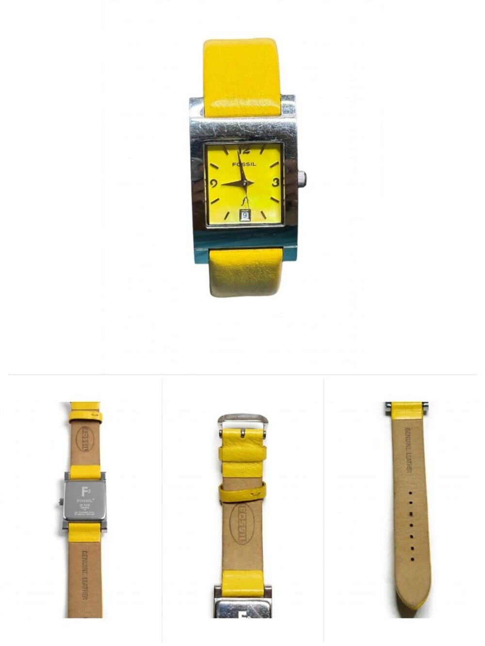 Fossil F2 ES-9978 Yellow Leather Watch Silver Square Case Date